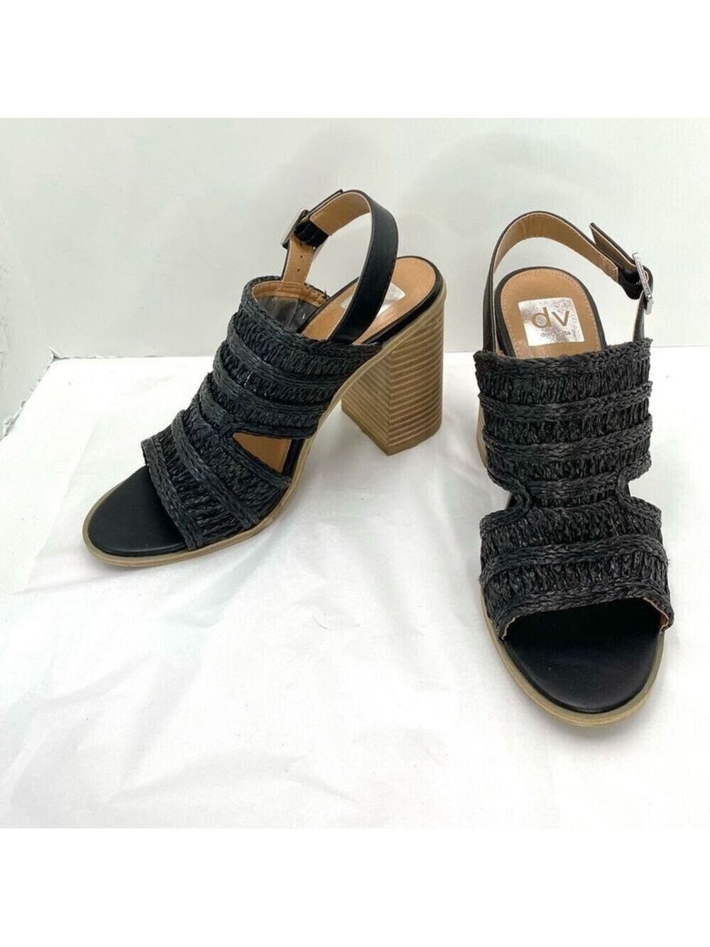 DV Dolce Vita Rian Woven Mule Sandal Womens 9 Black Slingback Chunky Heel Boho